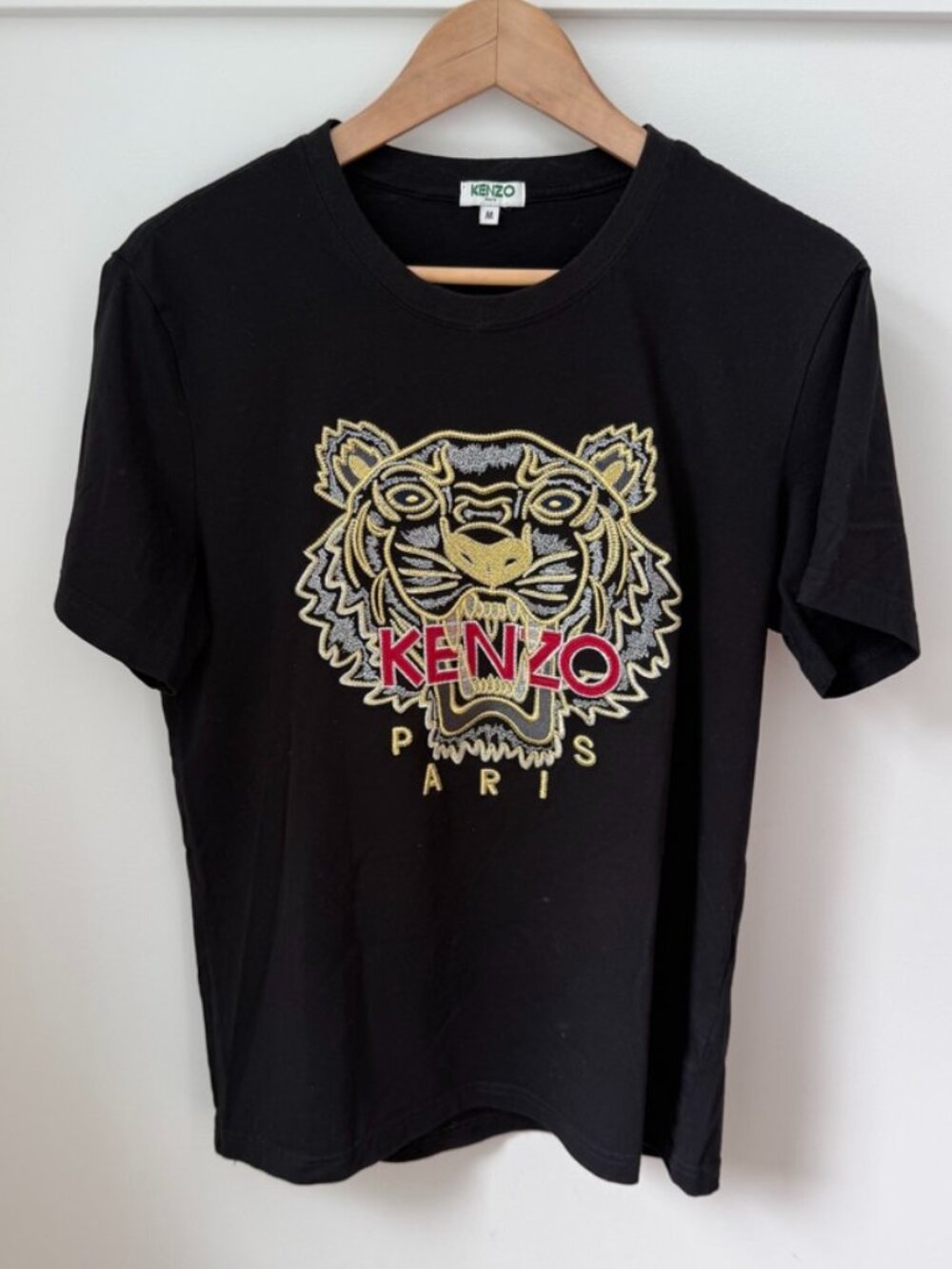 KENZO Paris Iconic Embroidered Tiger Logo T-Shirt Black Gold Size M